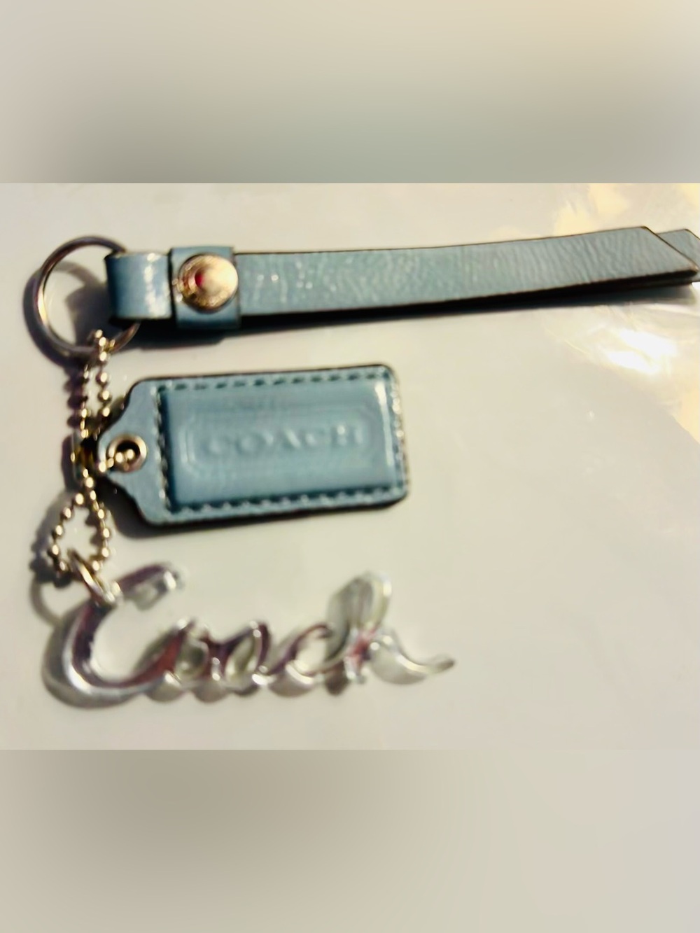 Coach Periwinkle Blue Leather Hangtag, Coach Poppy Script, Tassle, Silver - EUC